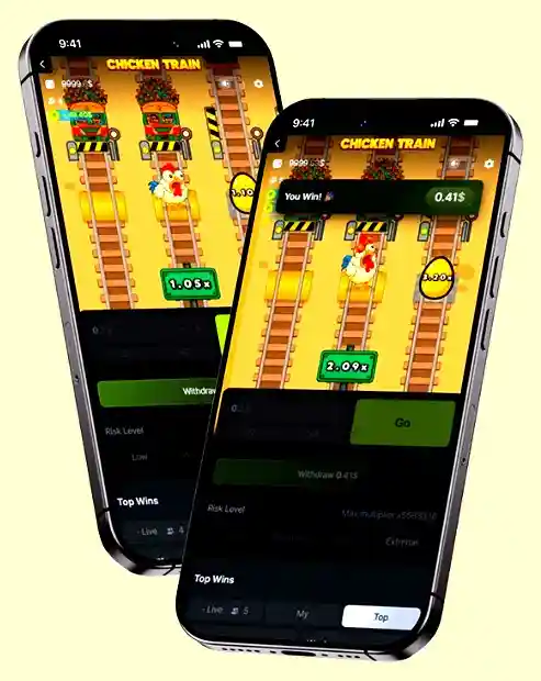 Slot gameplay on phone Two smartphones showing Chicken Train slot gameplay interface