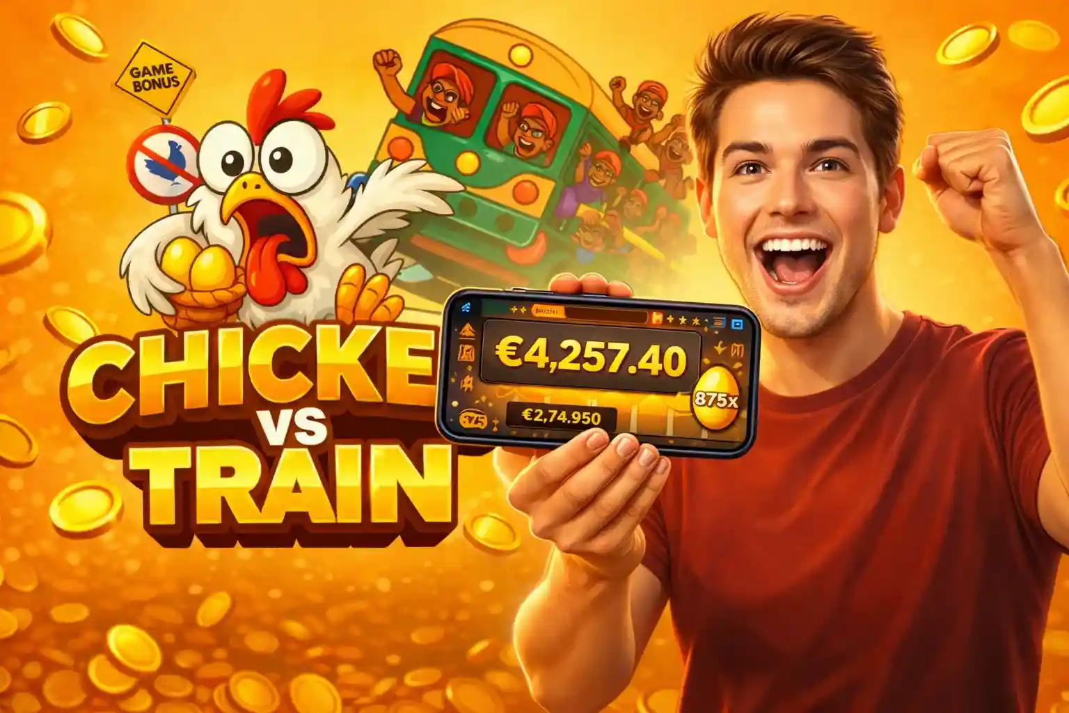 Male slot winner Happy man holding phone showing big slot win and celebrating
