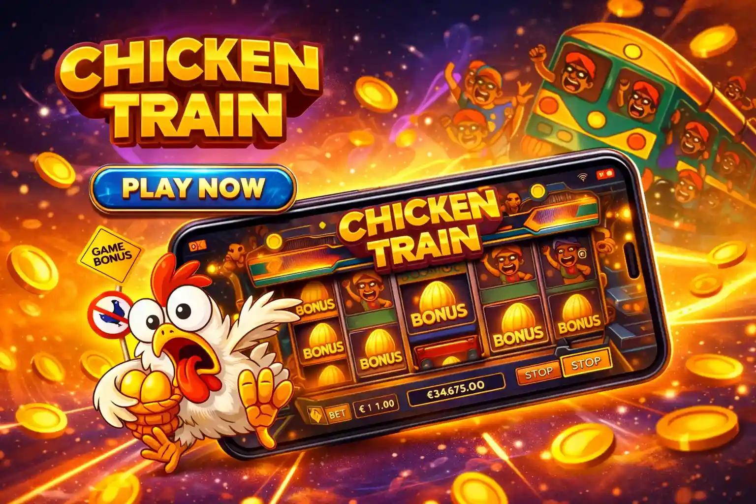 Mobile slot gameplay Smartphone displaying Chicken Train slot gameplay with bonus symbols