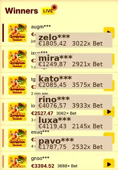 Winners leaderboard list Online slot winners list with usernames and win amounts